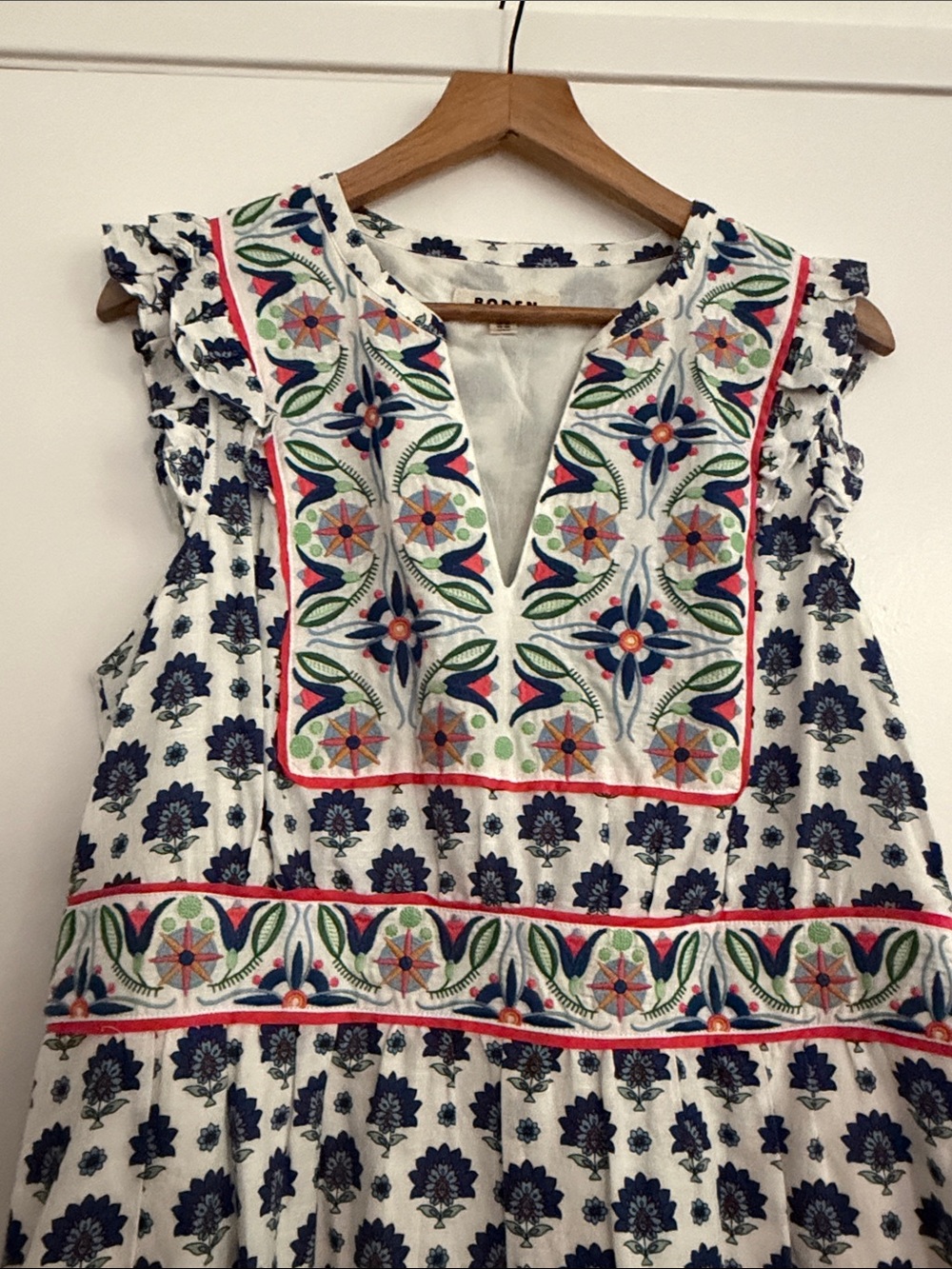 Boden White Maxi Dress with Navy Print and Multicolor Embroidery - Picture 3 of 4